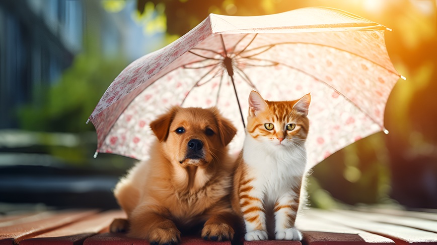 imagem de cachorro e gato embaixo do guarda-chuva